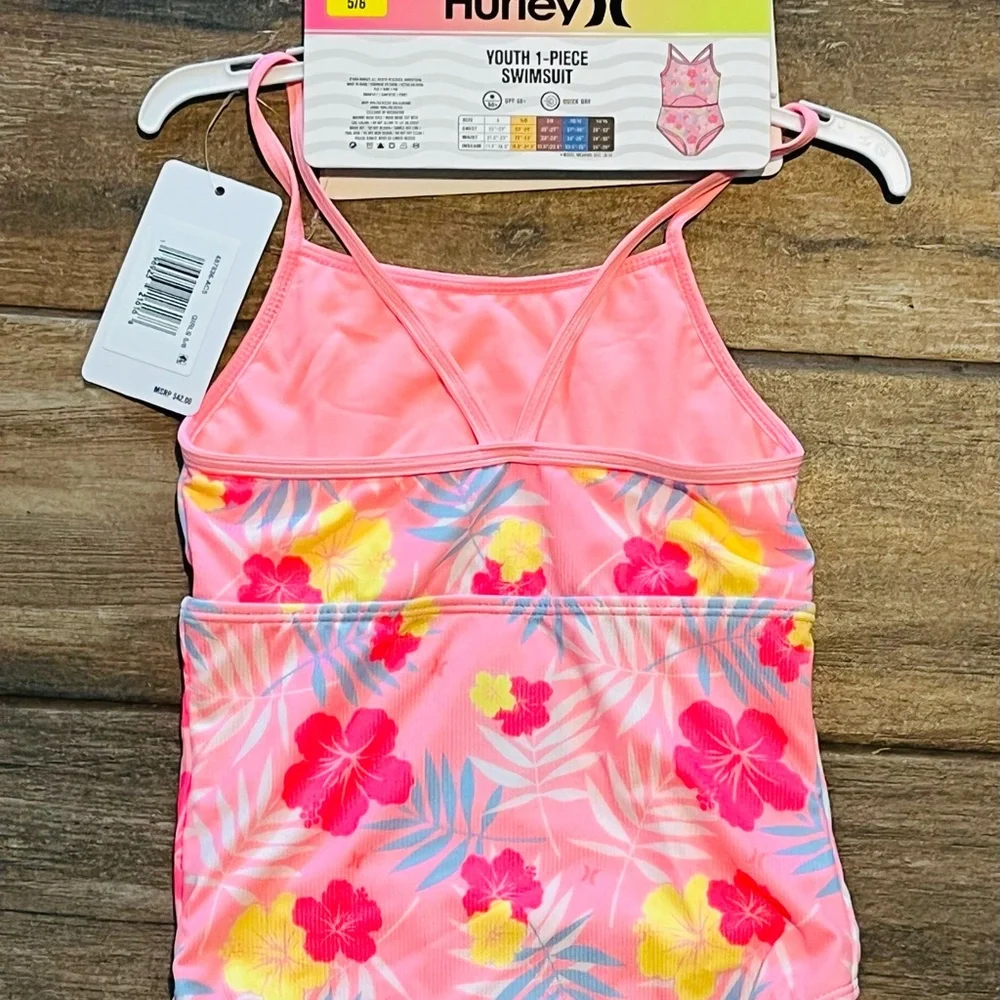 NWT Hurley Kids Pink Floral One Piece Swimsuit Size 5/6 Bright Vibrant Floral